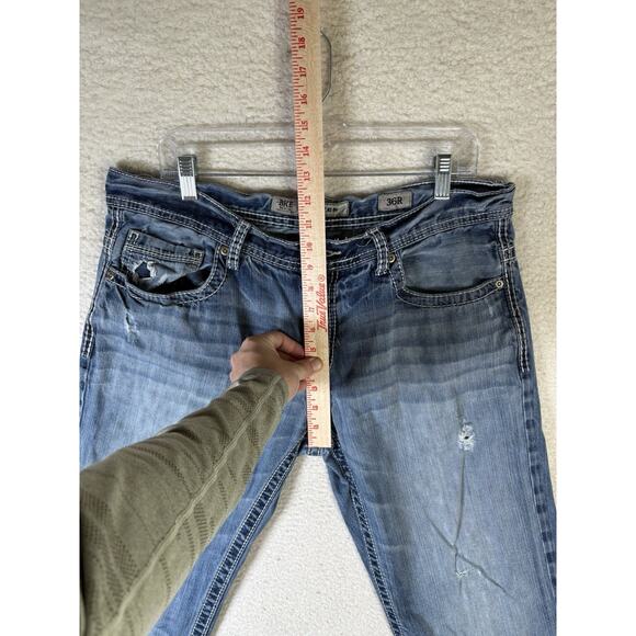 Buckle BKE Carter Jeans Mens 36R 36x31 Blue Straight Distressed Thick Stitch - Picture 9 of 16